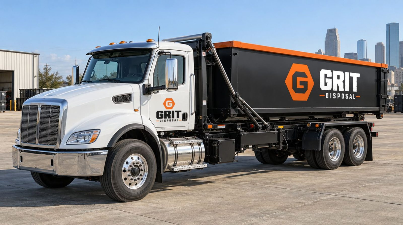Grit Disposal roll-off truck with a white cab and a charcoal dumpster with an orange top rail, Houston skyline behind